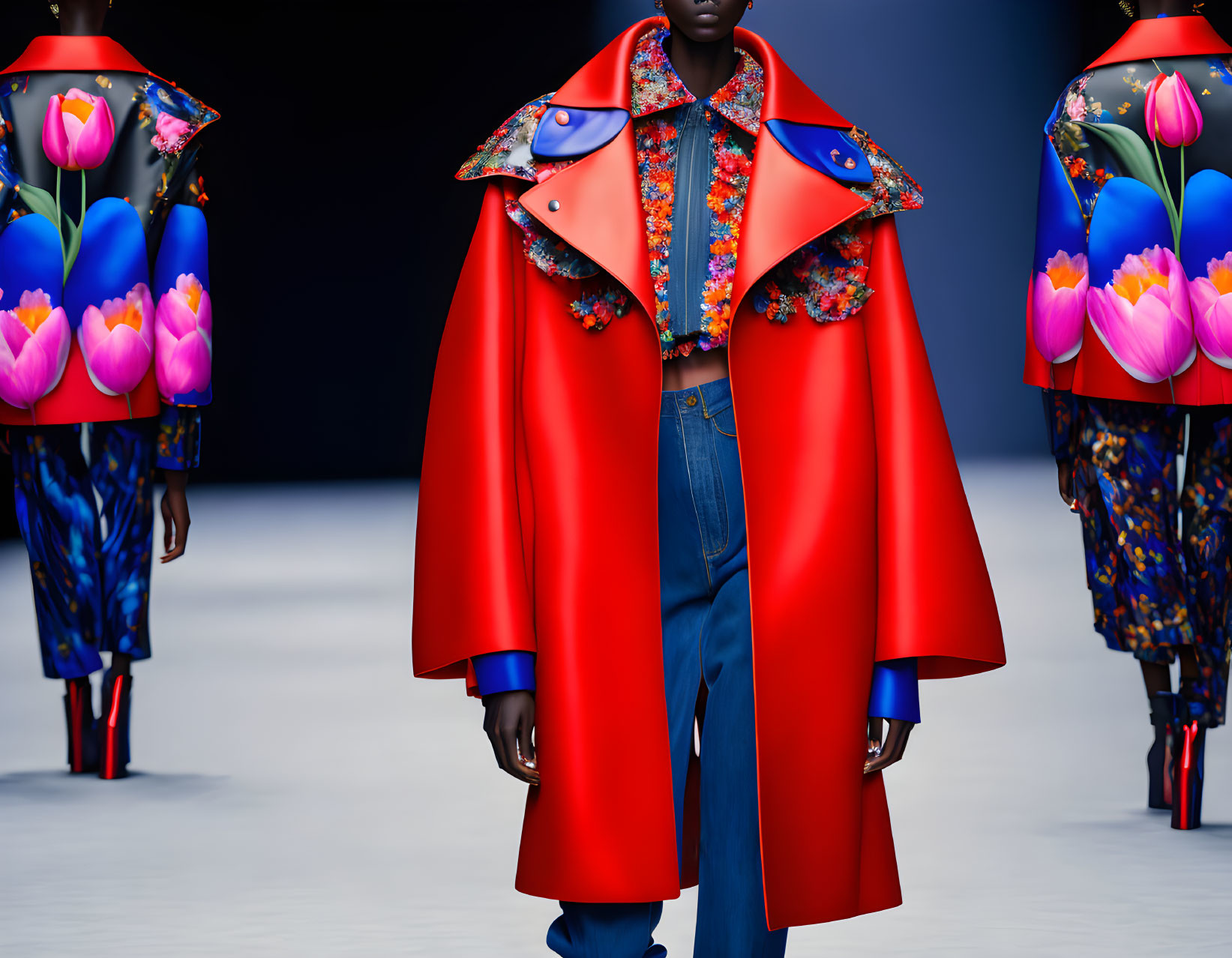 Fashion model in bold red oversized cape with floral accents on a blue runway backdrop.