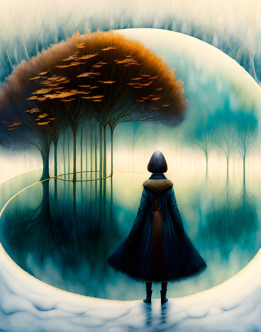 Cloaked figure by surreal mirror water with autumn and winter trees.