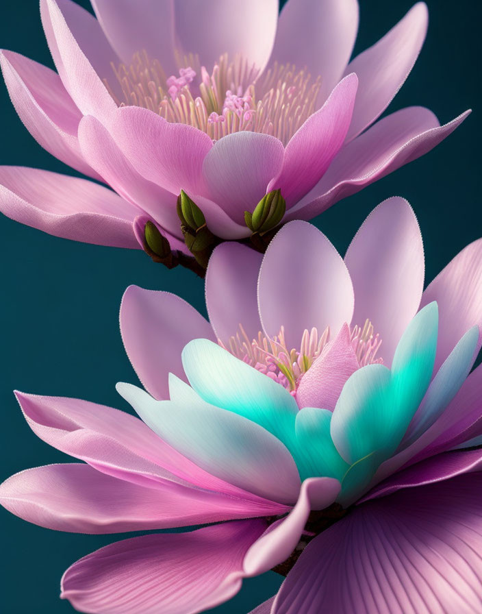 Vibrant pink magnolia flowers with soft petals and stamens on teal background