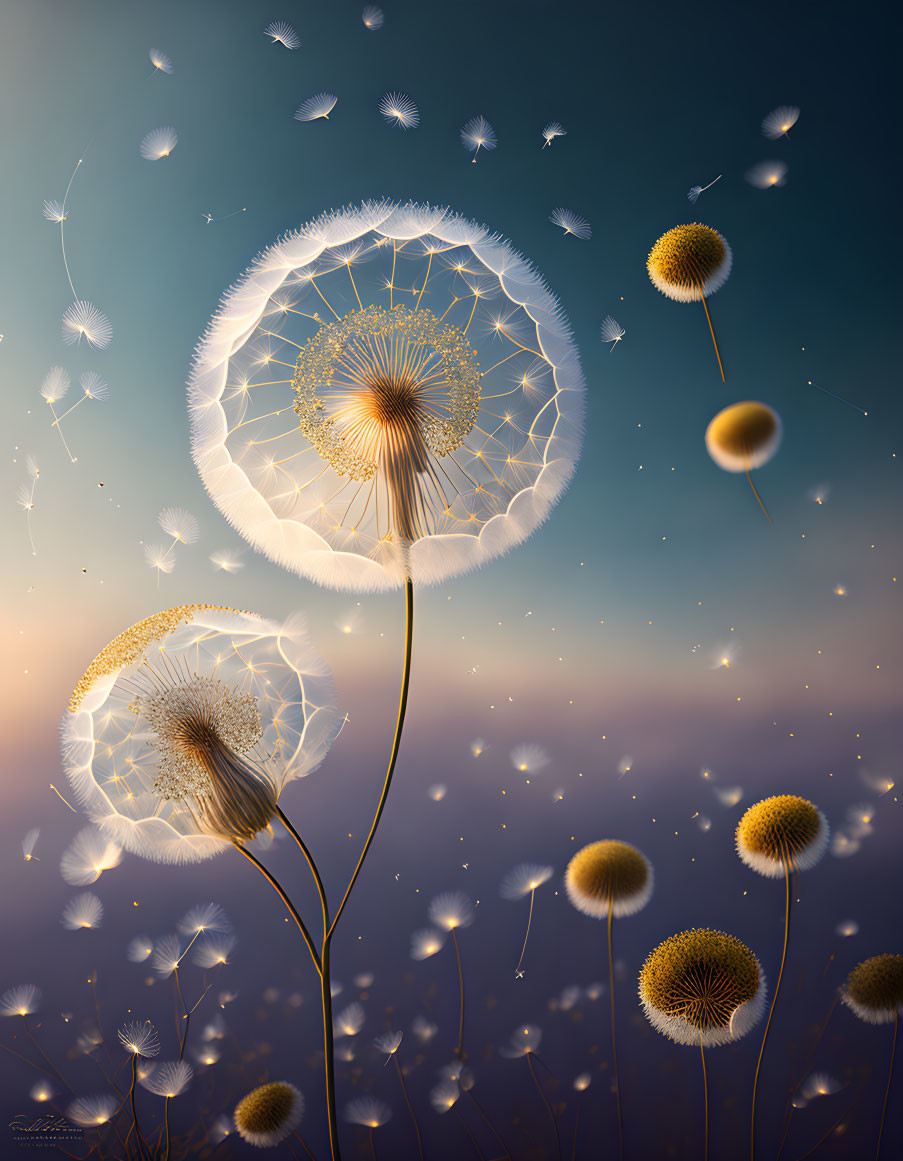 Dandelion seeds dispersing in twilight sky