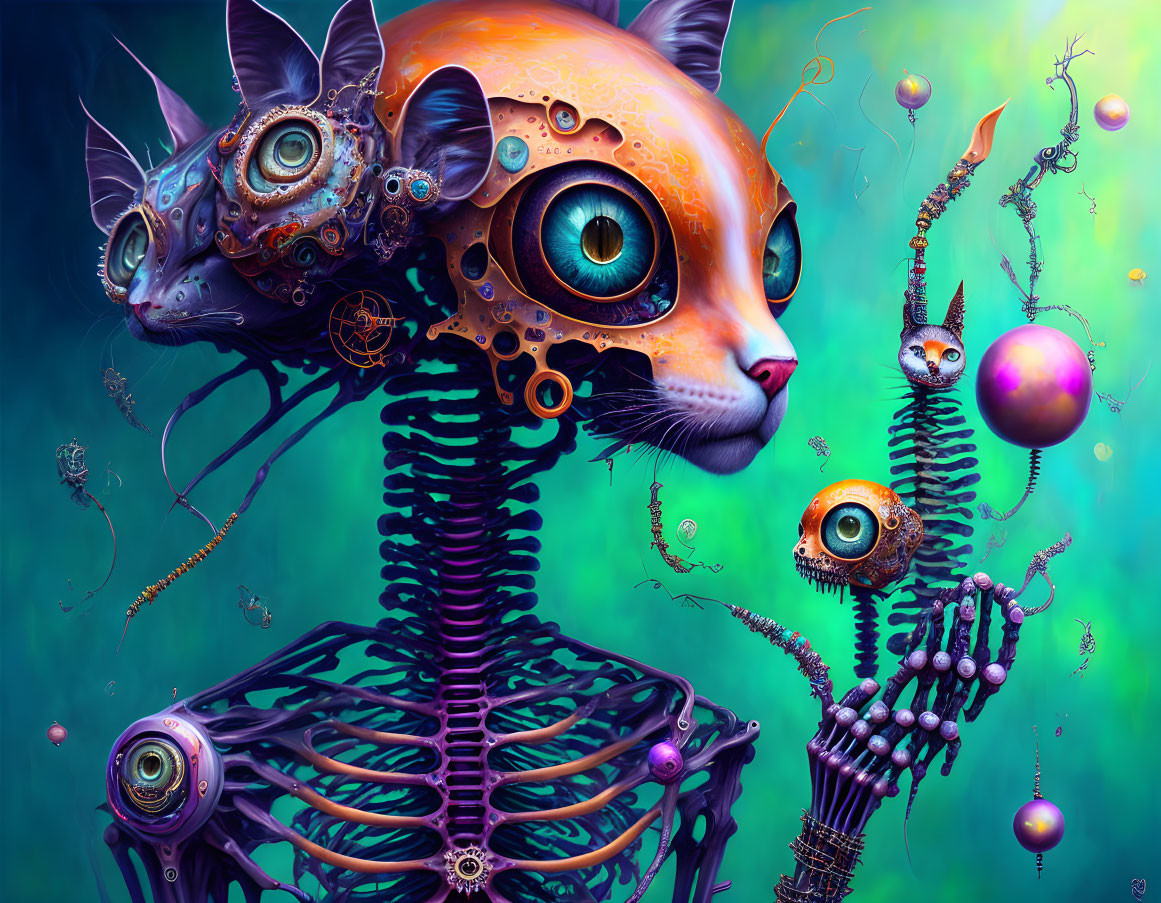 Colorful artwork: Mechanical cat with skeleton, orbs, and creatures in vibrant hues