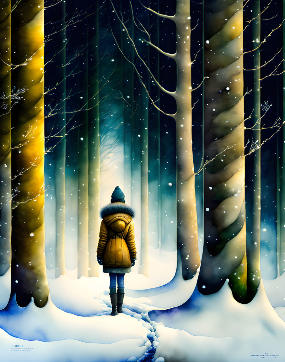 Person in Yellow Jacket Gazes at Starry Sky in Snowy Forest