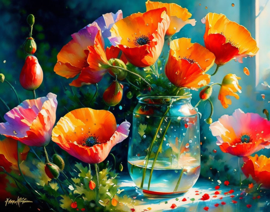 Colorful painting of red and pink poppies in a jar on luminous blue background