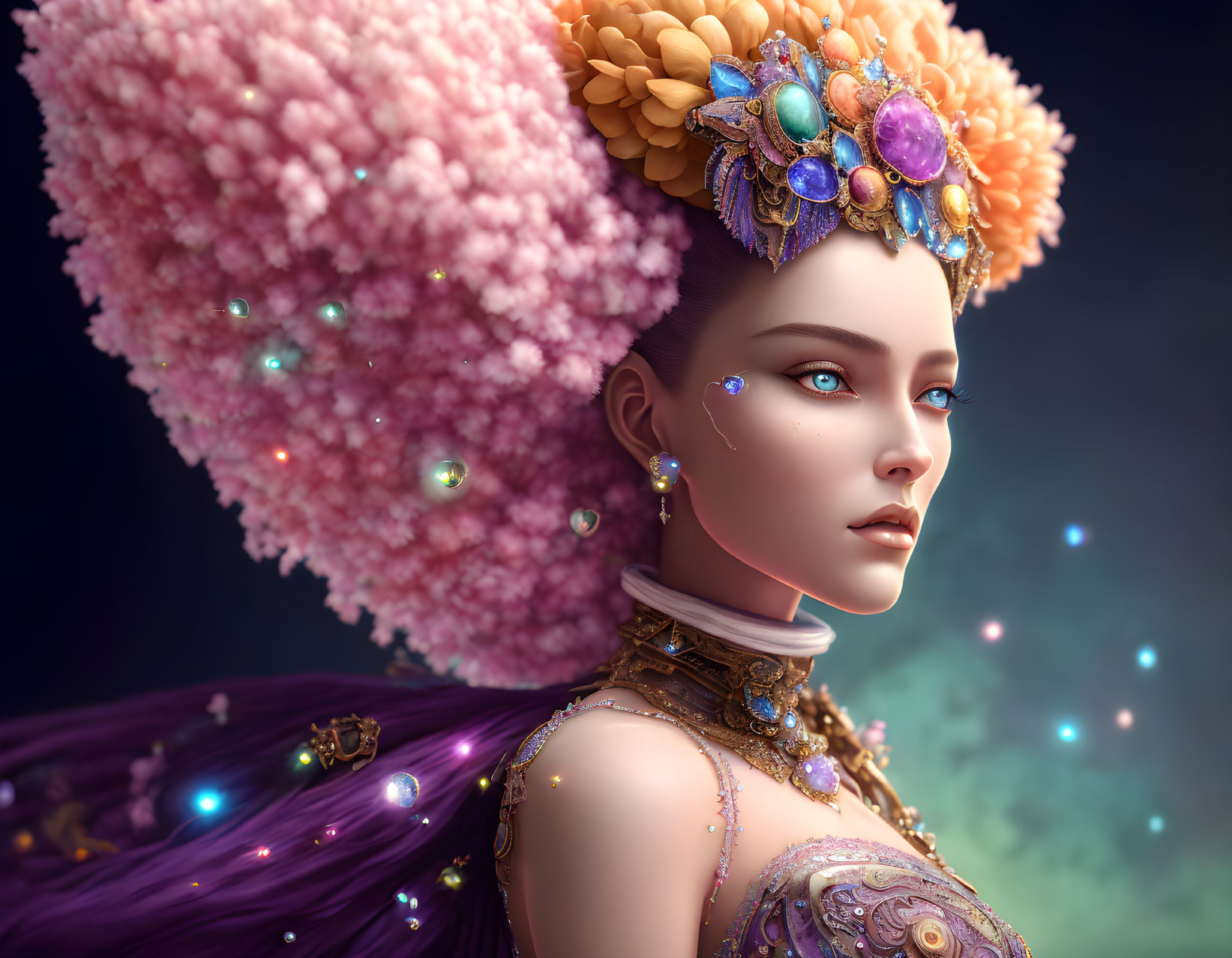 Elaborate Pink Headdress Woman Artwork