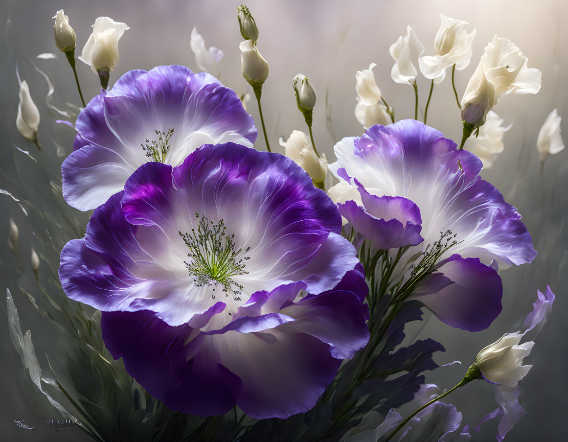 Vibrant Purple and White Flowers with Soft-Focus Background