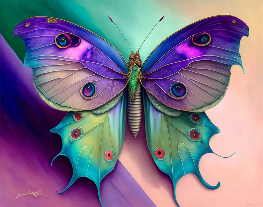 Colorful Butterfly Art with Purple and Green Gradient Wings