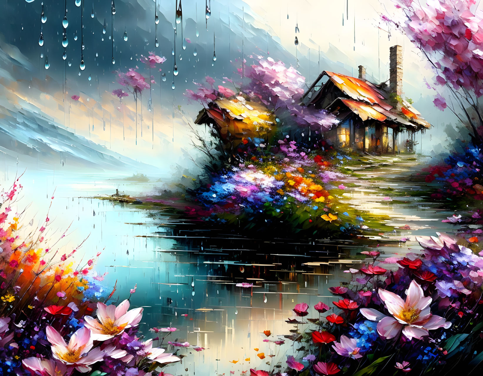 Scenic painting: quaint house by lake, rain, blooming flowers