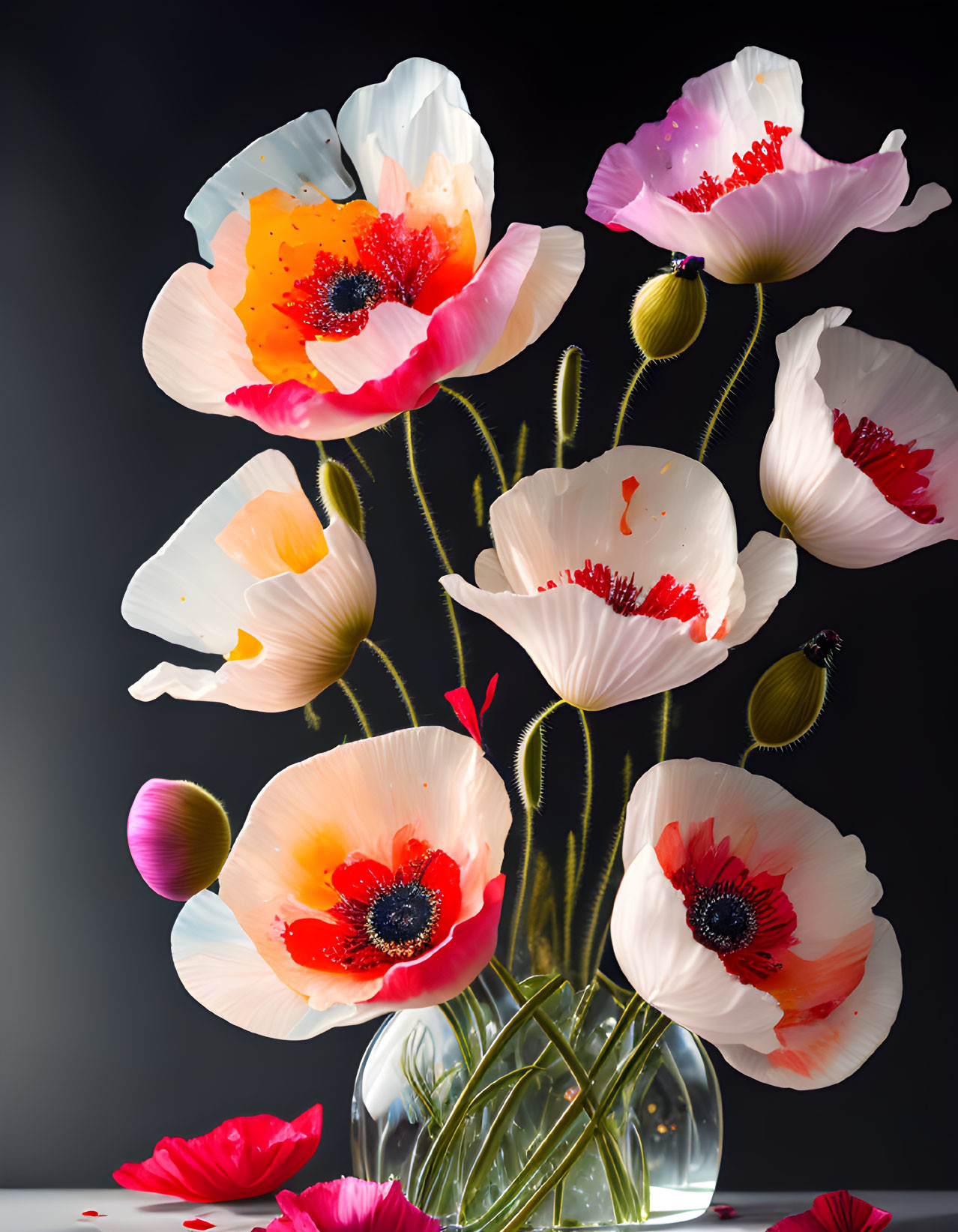 Colorful Stylized Poppy Bouquet in Clear Vase on Dark Background