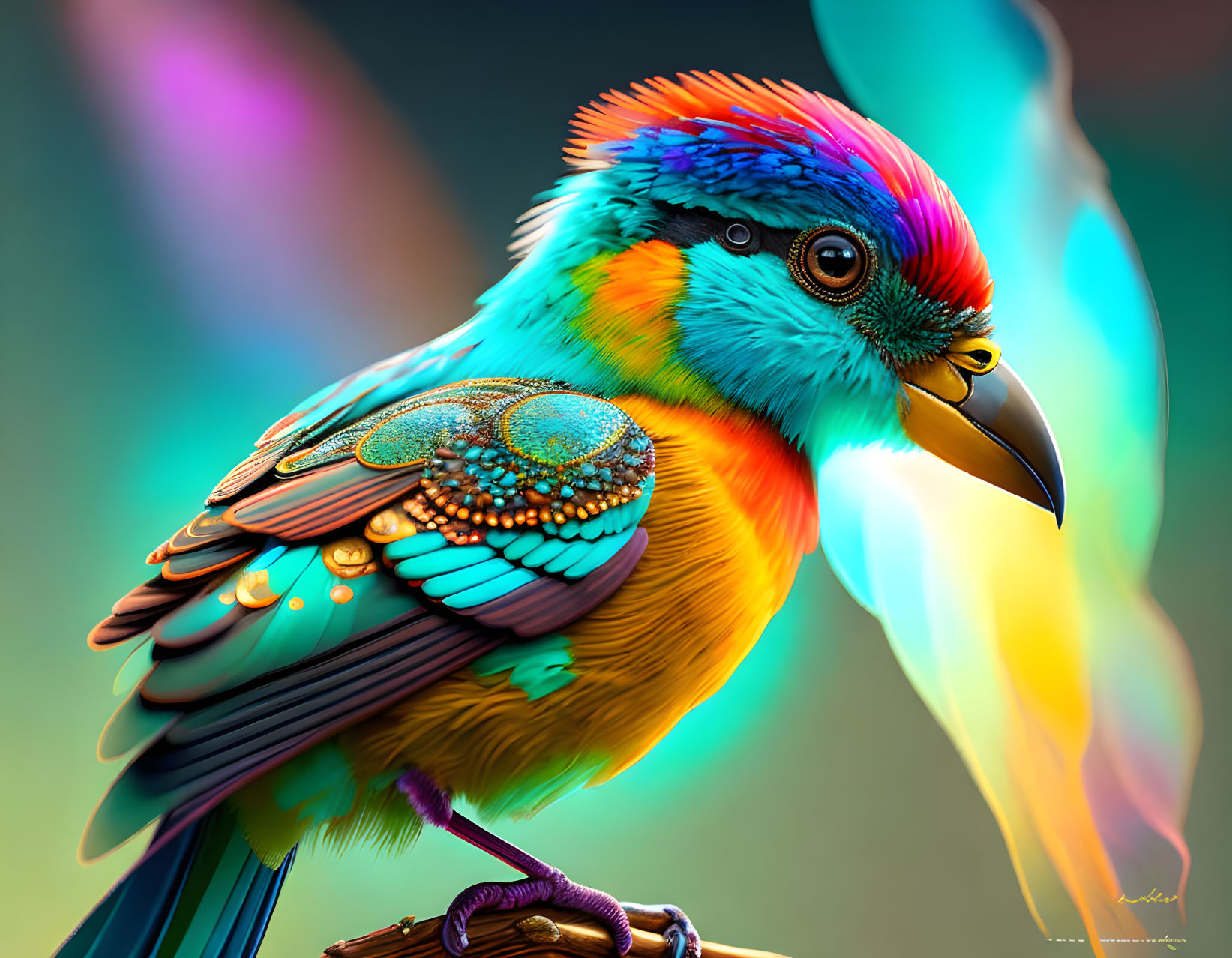 Colorful bird with intricate feather patterns in blues, oranges, and greens.