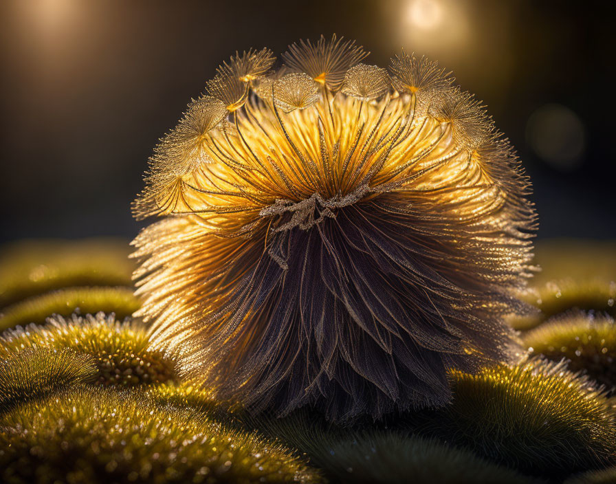 Backlit seed head with glowing filaments and dew drops on dark background