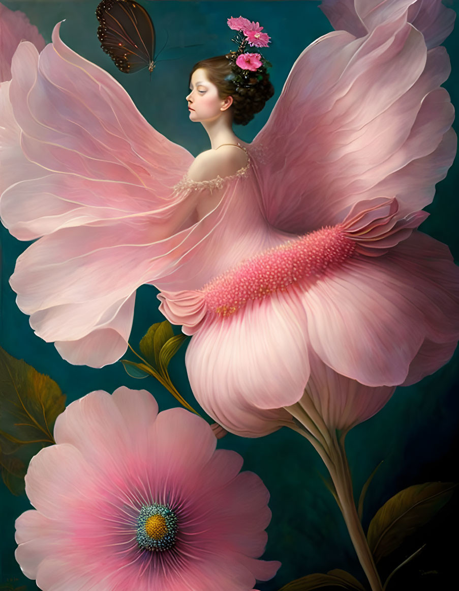 Ethereal artwork: Woman with flower-like wings and butterfly on teal background