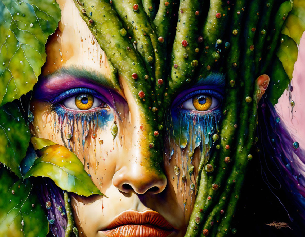 Colorful artwork of person's face with leaf-like structures and water droplets