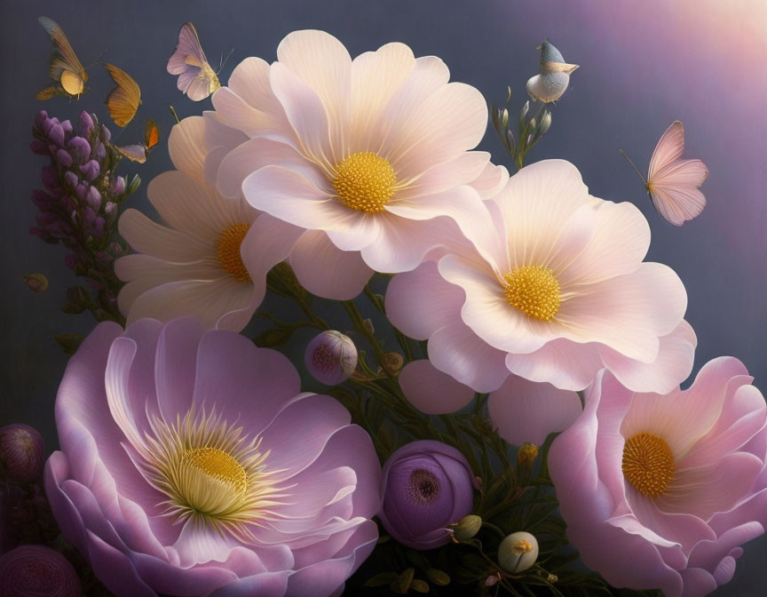 Pastel-colored flowers, butterflies, and birds in serene painting