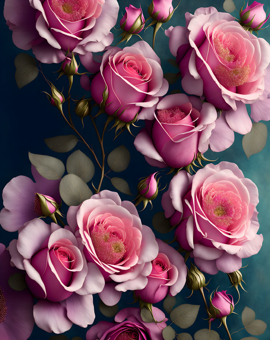 Vibrant Pink Roses in Various Stages of Bloom on Teal Background