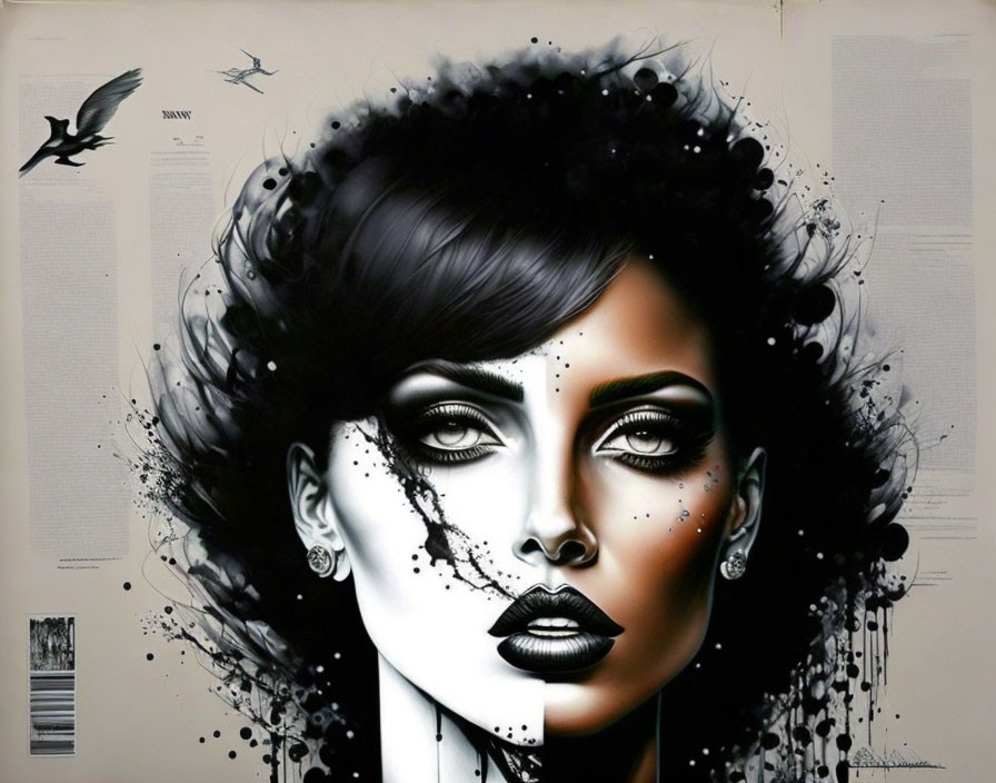 Monochrome portrait of woman with dramatic makeup, ink splatters, text background & bird