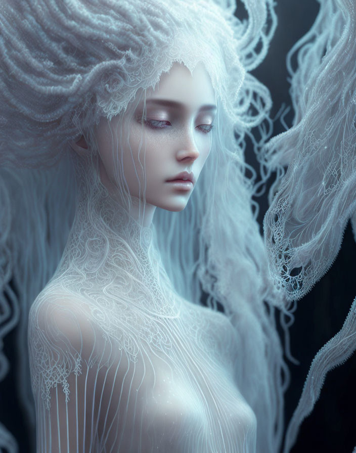 Pale ethereal figure with intricate white hair and lace-like patterns on skin.