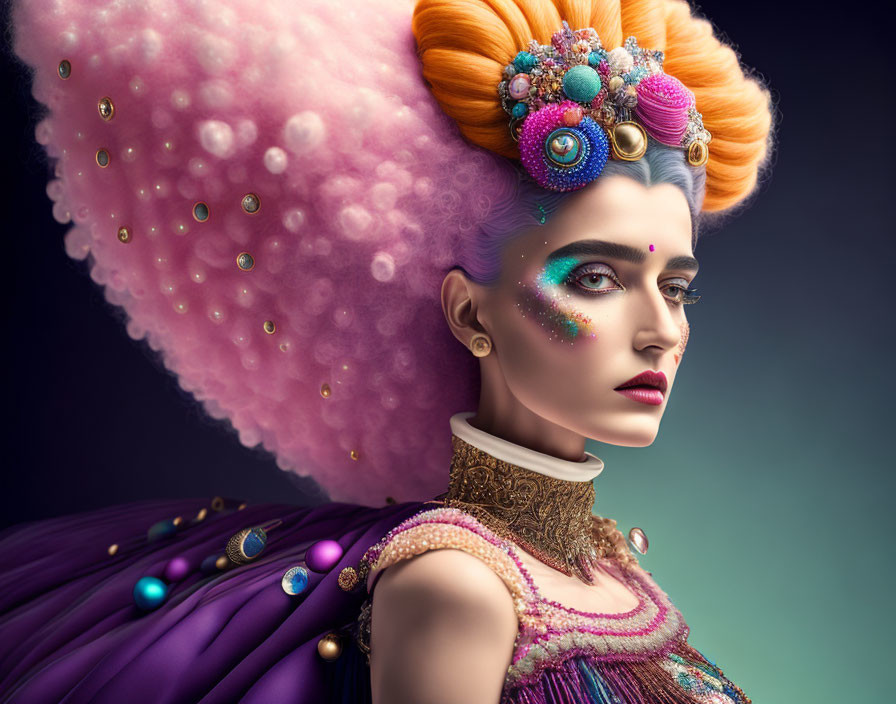 Colorful Avant-Garde Makeup and Jewel-Adorned Hair on Woman