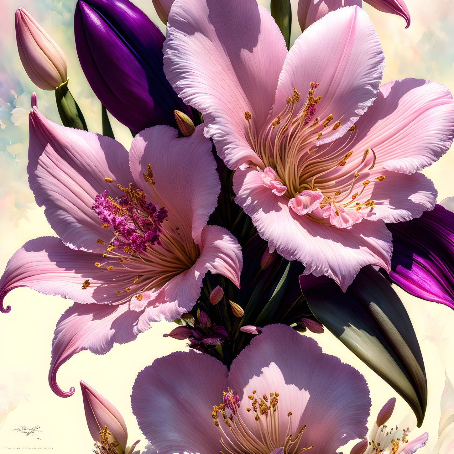 Detailed Illustration of Large Pink Flowers with Purple Buds