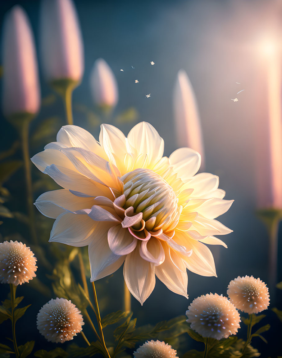 Yellow and White Flower Surrounded by Buds and Foliage in Soft Light