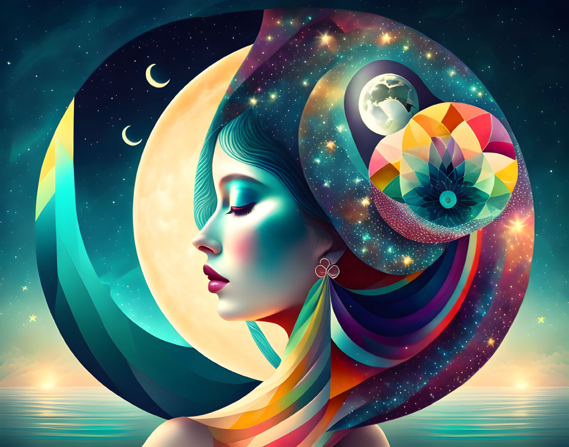 Vibrant surreal portrait with cosmic and geometric elements