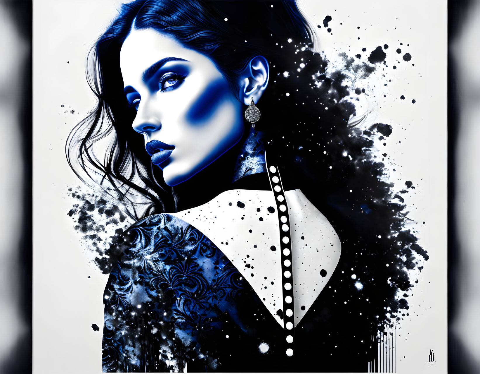 Detailed portrait of a woman with blue accents and ink splatter effects