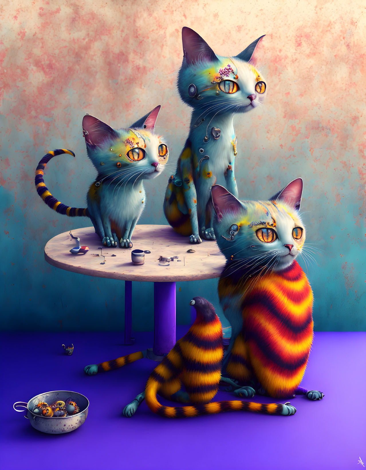 Whimsical setting with colorful cats and fish bowl