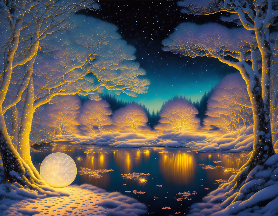 Snow-covered trees, reflective lake, glowing orb, starry sky: serene winter night scene