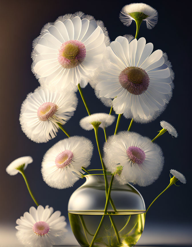 White Daisies in Translucent Green Vase on Gray Background