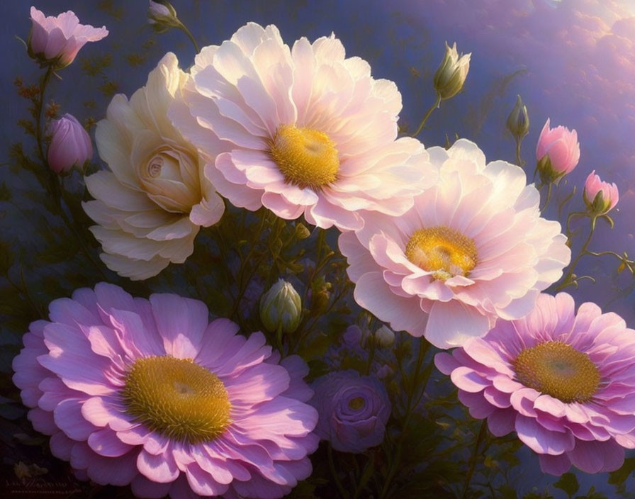 Vibrant pink and white cosmos flowers on soft purplish background