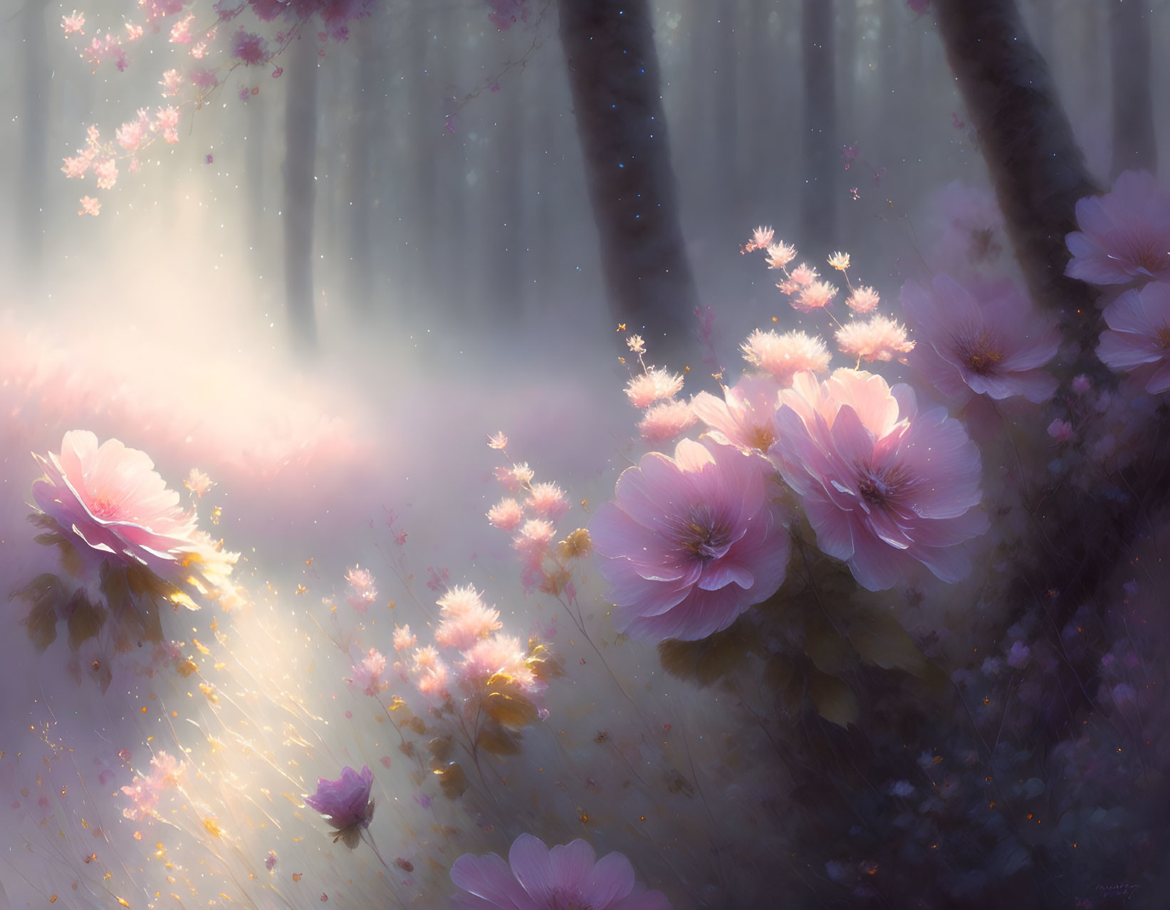 Sunlit forest with pink flowers and floating petals