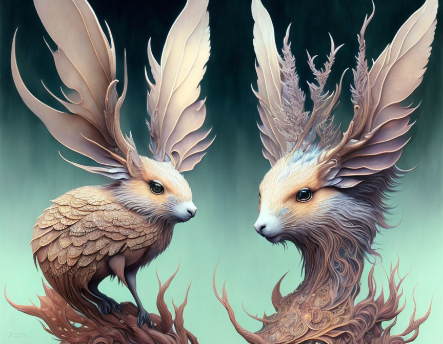 Winged fox-like creatures with feathered bodies and ornate antler-like structures on twisted wooden platforms