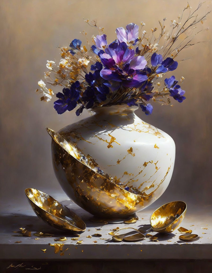 Cracked White Vase with Gold Accents & Purple White Flowers