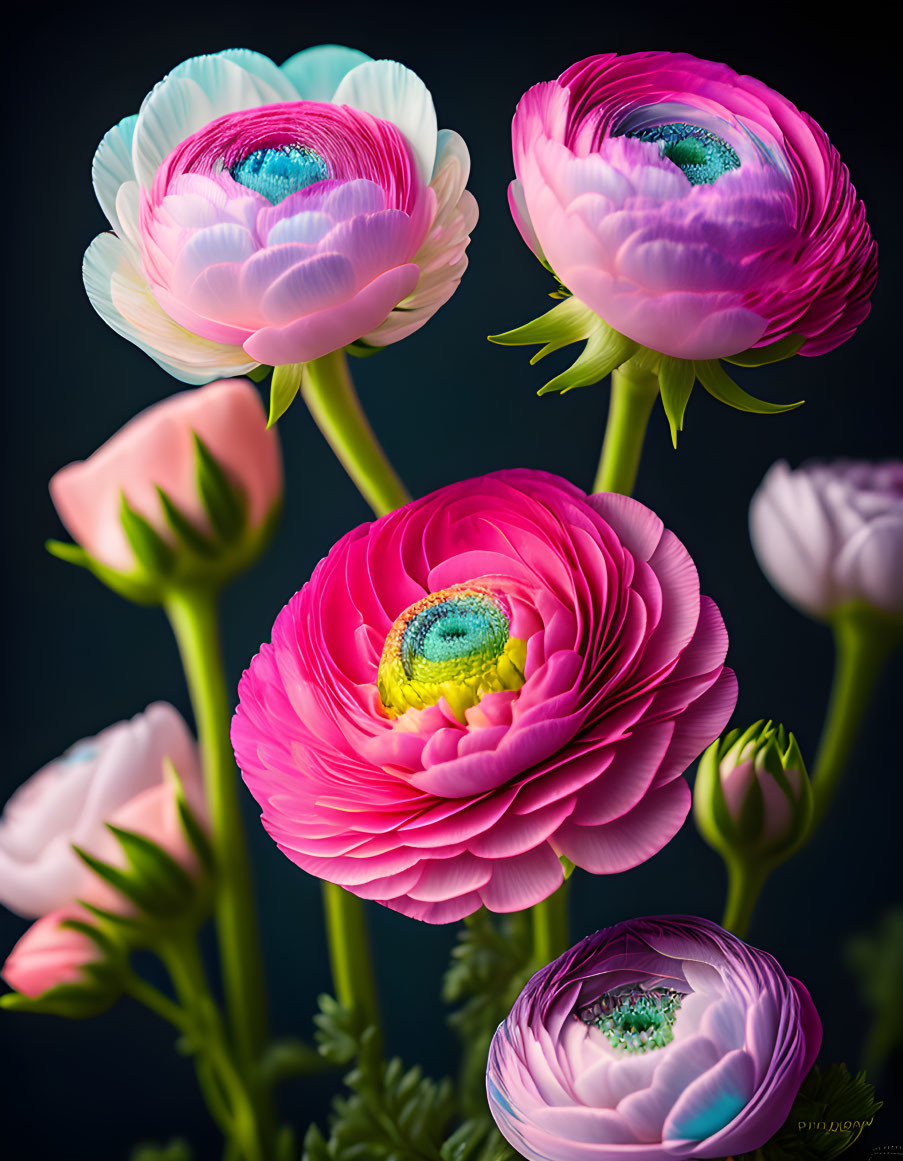 Colorful Layered Ranunculus Flowers on Dark Background