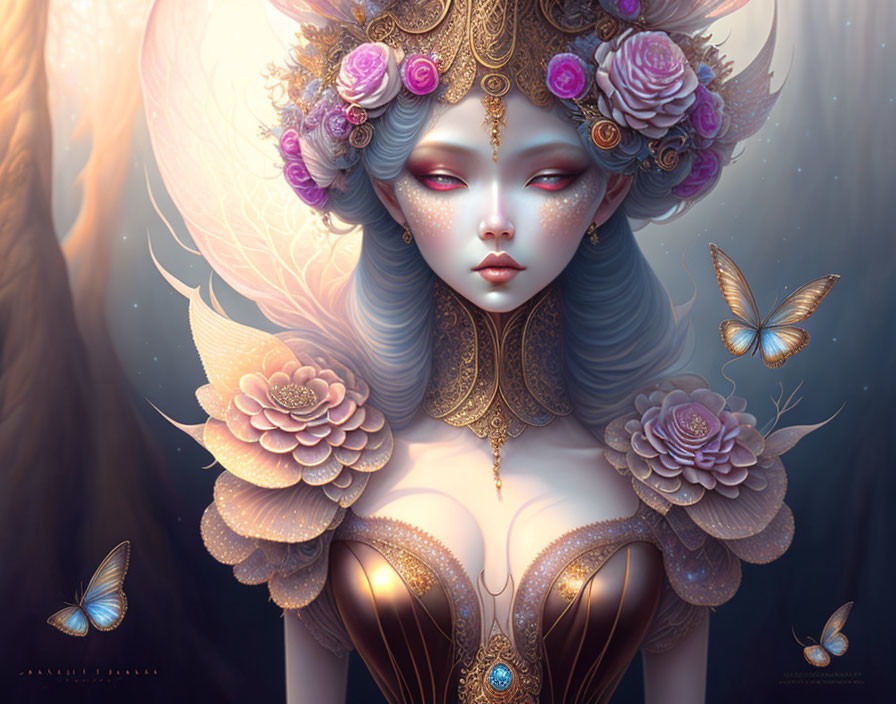 Pale-skinned female figure with red eyes, crown of roses, golden jewelry, and butterflies in twilight