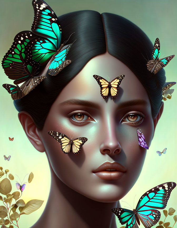 Colorful digital art portrait of a woman with butterflies in hair and face