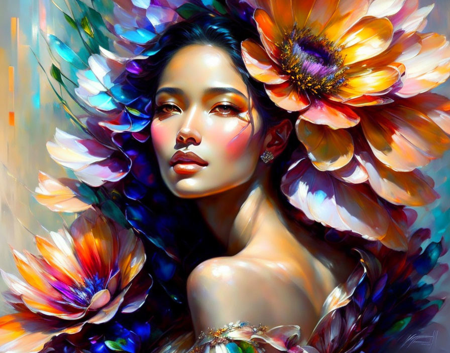 Colorful Digital Portrait of Woman with Luminous Skin and Oversized Petals