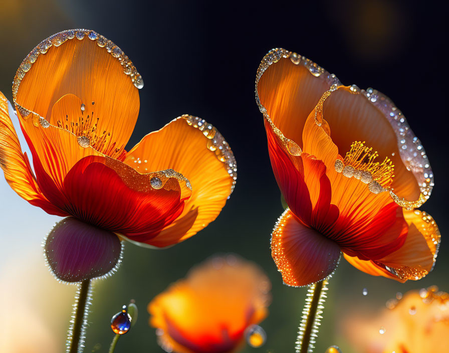 Vibrant translucent orange poppies with water droplets backlit by sunlight