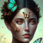 Colorful digital art portrait of a woman with butterflies in hair and face