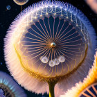 Detailed close-up of dandelion seeds dispersing on dark blue backdrop