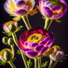 Colorful Layered Ranunculus Flowers on Dark Background