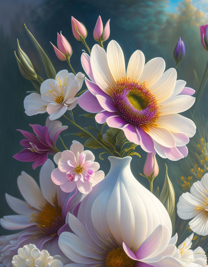 Vibrant pink and white flowers in a white vase on soft background