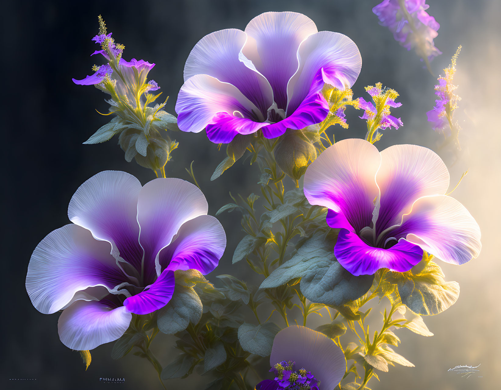 Vibrant purple and white flowers with soft glow in misty setting