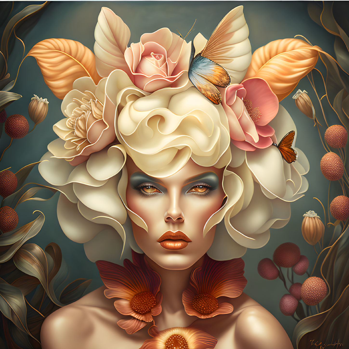 Woman with flowers in hair, butterflies, serene expression, warm color tones