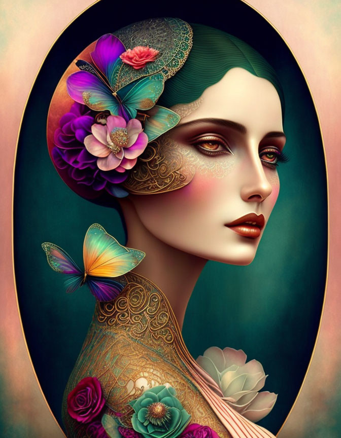 Colorful woman's profile with flowers, peacock feather, and butterfly.