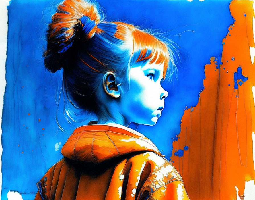 Colorful illustration of young girl with blue skin and orange jacket against vibrant background.