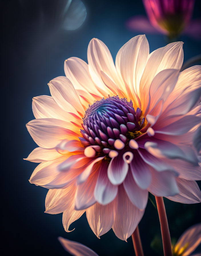 Vibrant pink-tipped white dahlia with dark blue center on soft-focus background