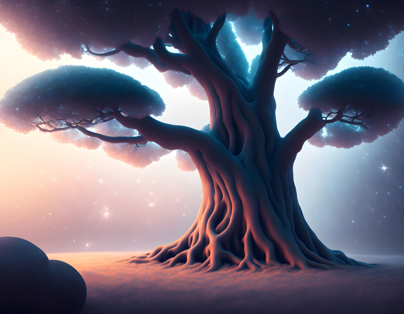 Majestic tree with blue leaves under starry sky