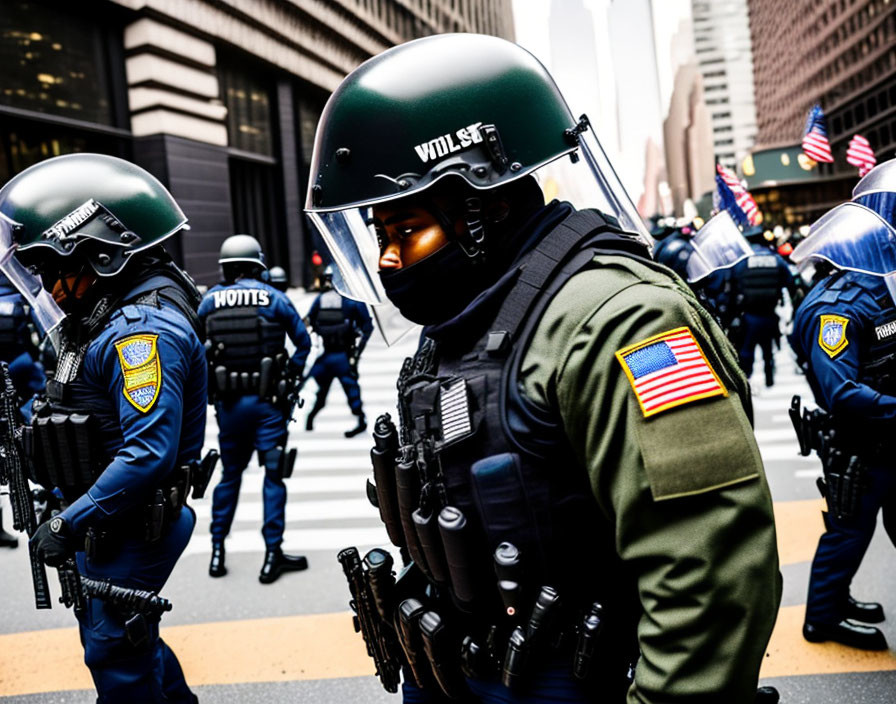 Riot police in helmets and protective gear patrolling city street