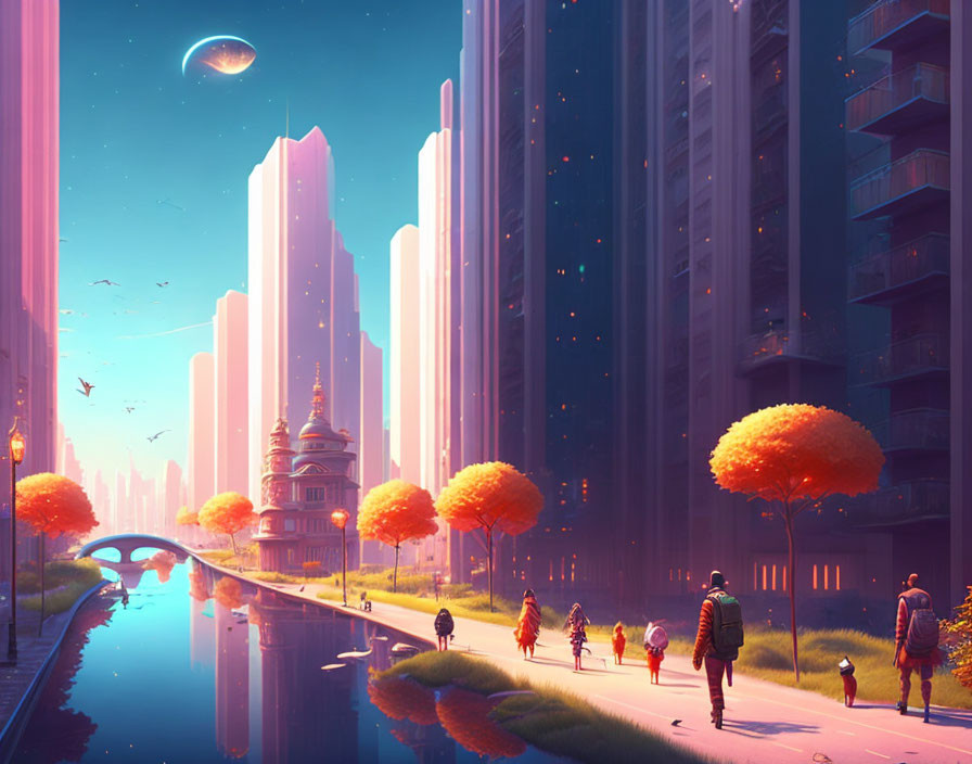 Futuristic twilight cityscape with glowing buildings, bridge, residents, orange trees, and flying vehicle