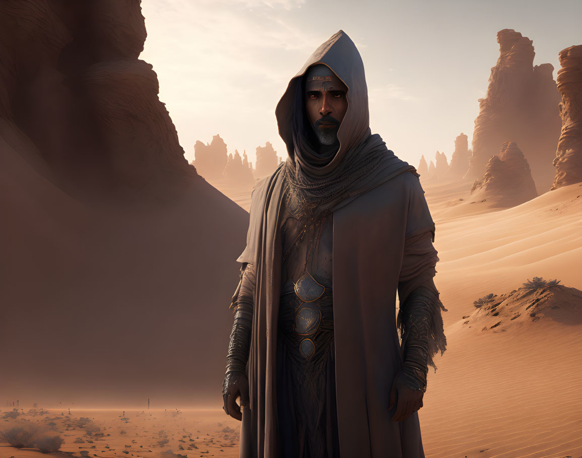 Person in hooded cloak in desert with sandstone formations